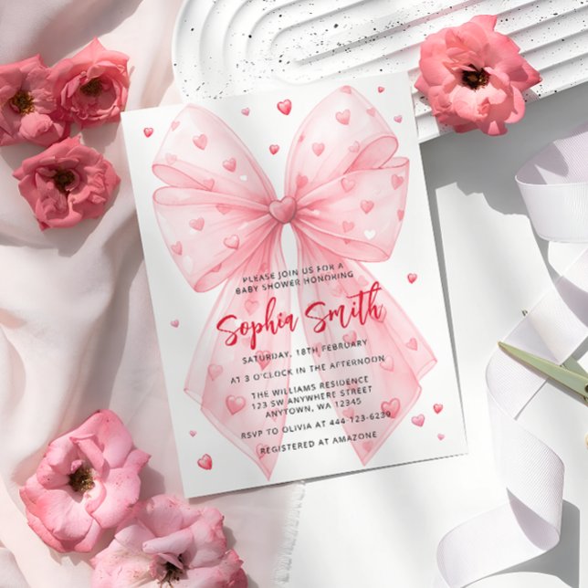 Valentines Pink Bow Hearts Baby Shower Invitation (Creator Uploaded)