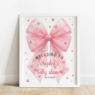Valentines Pink Bow Hearts Baby Shower Welcome Poster