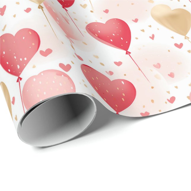 Valentine's Pink Red and Gold Heart Balloons  Wrapping Paper (Roll Corner)
