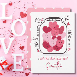 Valentines Pink & Red Hearts Candy in Glass Jar Holiday Card