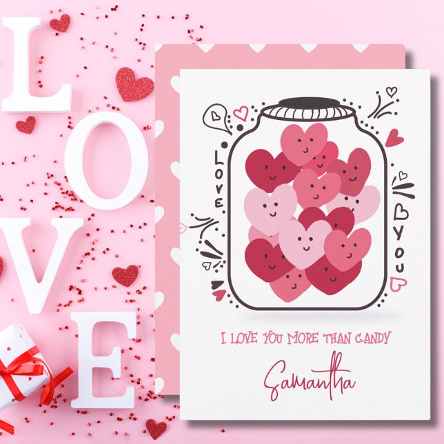 Valentines Pink & Red Hearts Candy in Glass Jar Holiday Card (Creator Uploaded)