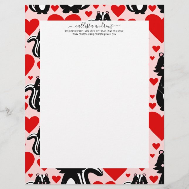 Valentine's Pink Skunk Heart Illustration Pattern Custom Letterhead (Front)