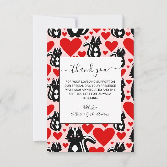 Valentine's Pink Skunk Heart Illustration Pattern Thank You Card (Front)