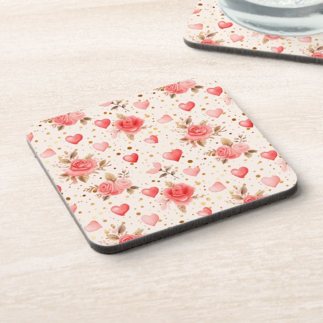 Valentine's Pink Watercolor Roses and Hearts  Coaster (Left Side)