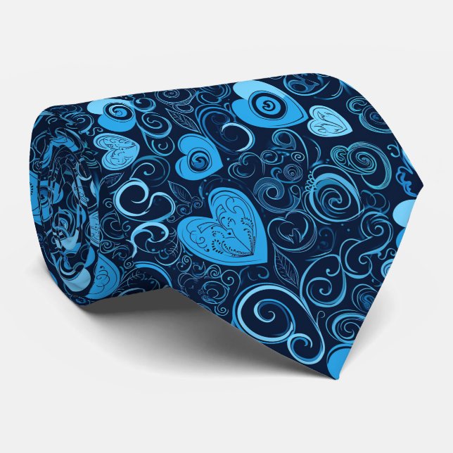 Valentine's Pretty All Blue Hand Drawn Hearts Tie (Rolled)