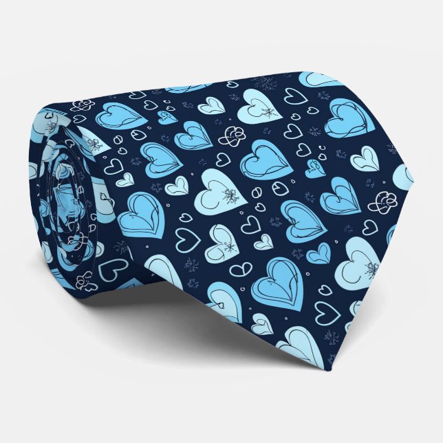 Valentine's Pretty Dark and Light Blue Hearts Tie (Rolled)
