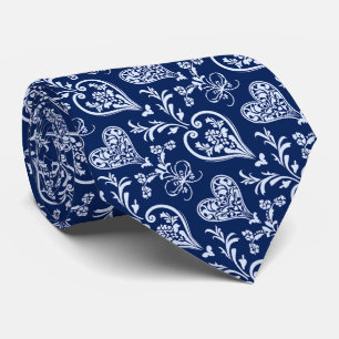 Valentine's Pretty Navy WhiteHand Drawn Hearts Tie