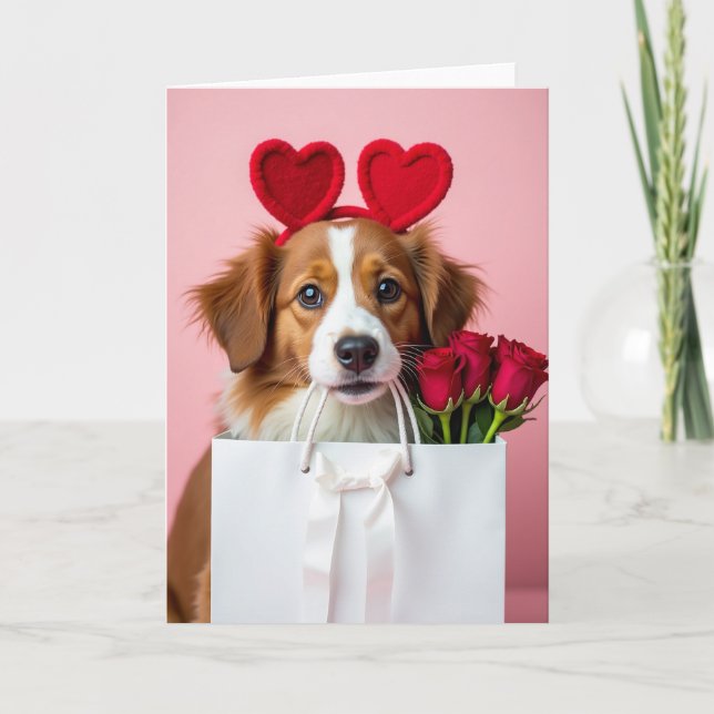 Valentines Puppy With Roses Card (Front)