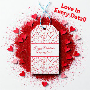Valentines red doodle hearts pattern gift tags