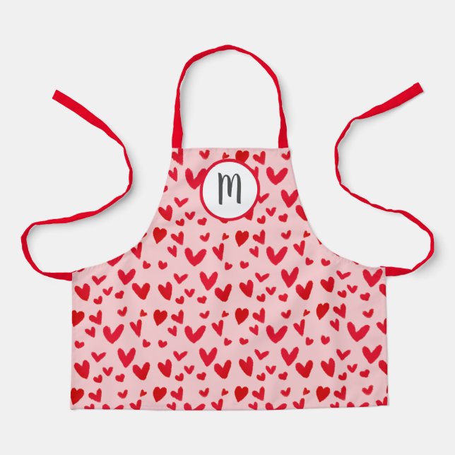 Valentines Red Doodle Hearts Pattern Monogram Kids Apron (Front)