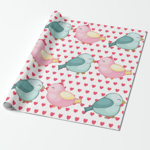 Valentines Red Heart on White with Cute Love Birds Wrapping Paper