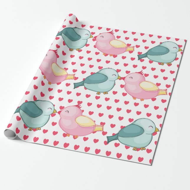 Valentines Red Heart on White with Cute Love Birds Wrapping Paper (Unrolled)