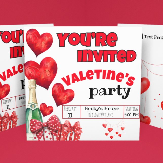 Valentine's Red Hearts and Polka Dots Champagne Invitation (Bold and fun red hearts and polka dots on a Valentine's Day Party customizable invitation. )