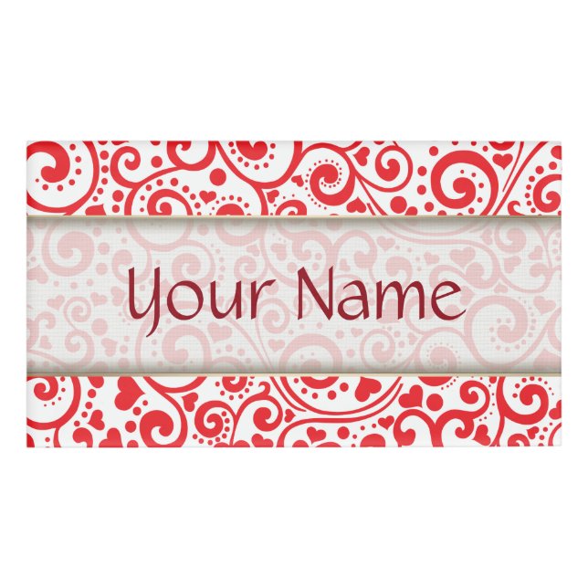 Valentines - Red Hearts and Swirls Seamless Name Tag (Front)