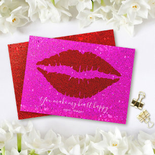 Valentine's Red Lips Pink Glitter Make Heart Happy Holiday Card