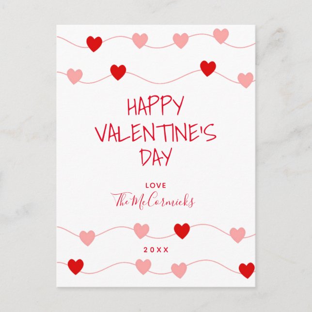 Valentines Red Pink Hearts Hand Lettered Script Holiday Postcard (Front)