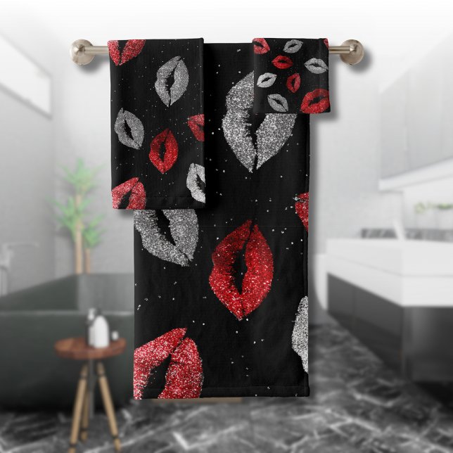 Valentines Red Silver Glitter Lips on Black  Bath Towel Set (Creator Uploaded)