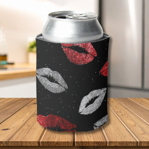Valentines Red Silver Glitter Lips on Black Can Cooler