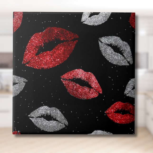 Valentines Red Silver Glitter Lips on Black  Ceramic Tile (Creator Uploaded)