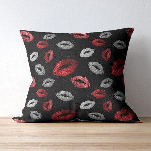 Valentines Red Silver Glitter Lips on Black Cushion