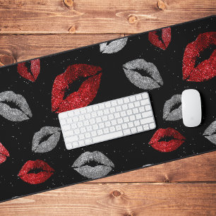 Valentines Red Silver Glitter Lips on Black Desk Mat