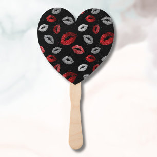 Valentines Red Silver Glitter Lips on Black Hand Fan