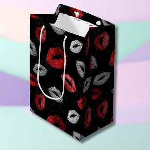 Valentines Red Silver Glitter Lips on Black  Medium Gift Bag