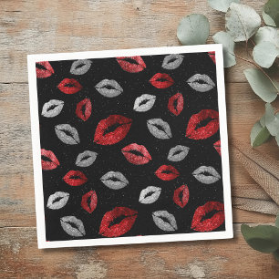 Valentines Red Silver Glitter Lips on Black  Napkin