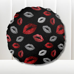 Valentines Red Silver Glitter Lips on Black Round Cushion