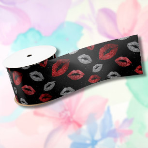 Valentines Red Silver Glitter Lips on Black  Satin Ribbon