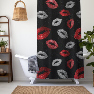 Valentines Red Silver Glitter Lips on Black  Shower Curtain