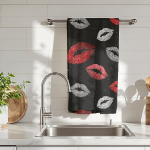 Valentines Red Silver Glitter Lips on Black Tea Towel