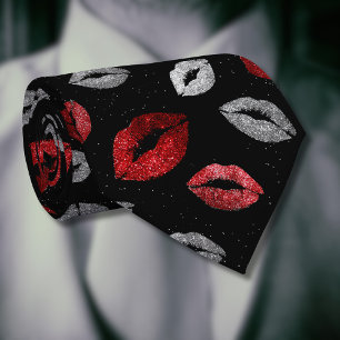Valentines Red Silver Glitter Lips on Black  Tie