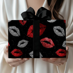 Valentines Red Silver Glitter Lips on Black  Wrapping Paper