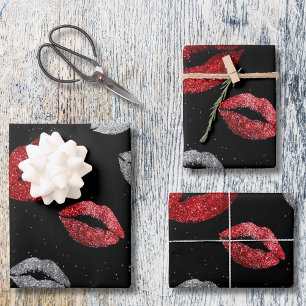 Valentines Red Silver Glitter Lips on Black  Wrapping Paper Sheet
