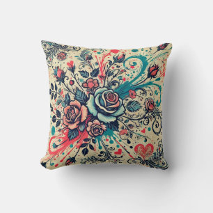 Valentines Roses / Pink & Teal / Splatter Art Cushion