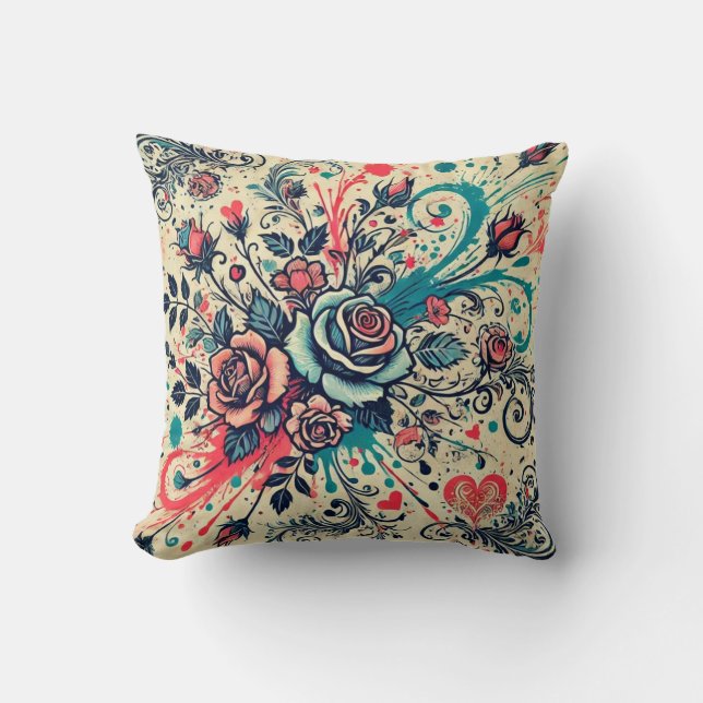 Valentines Roses / Pink & Teal / Splatter Art Cushion (Front)