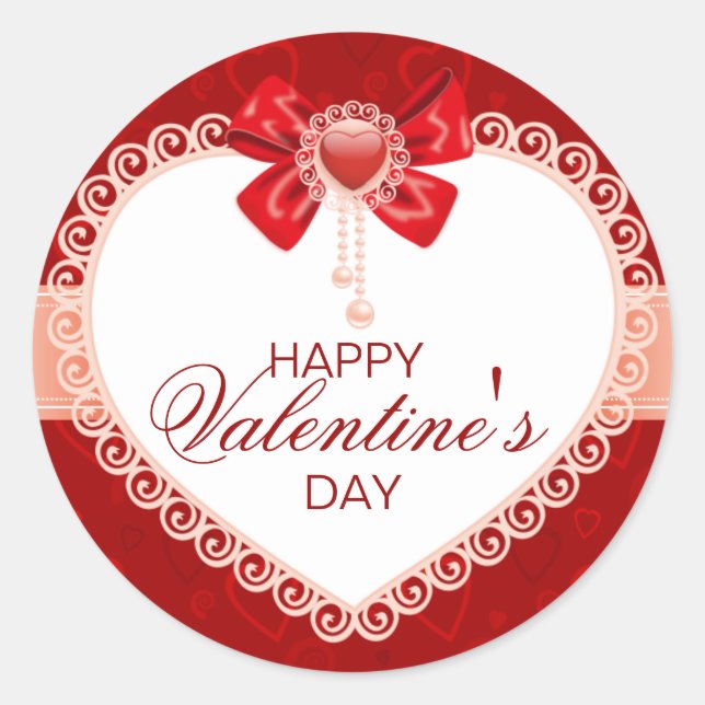 Valentines Round Sticker with Red Bow & Lace (Front)