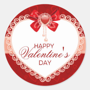 Valentines Round Sticker with Red Bow & Lace