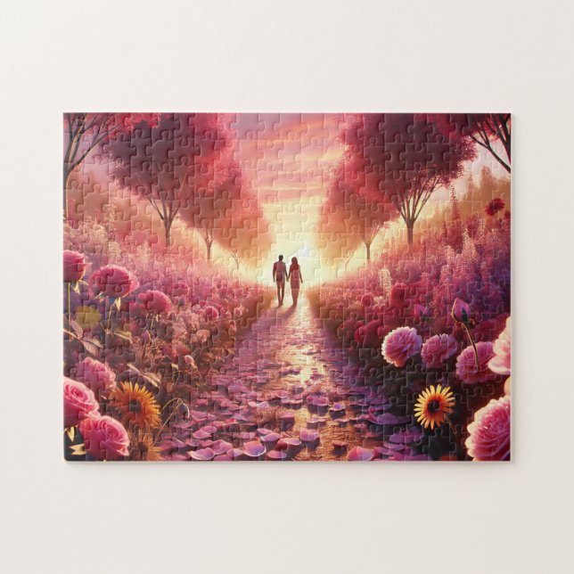 Valentine's Sunset Flower Path Romantic Couple Jigsaw Puzzle (Horizontal)