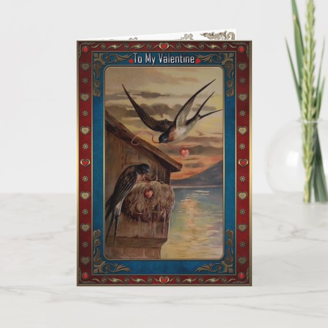 Valentine's. Swallows with hearts on ribbons. Holiday Card (Front)