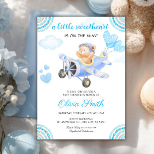 Valentines Sweetheart Blue Airplane Baby Shower Invitation