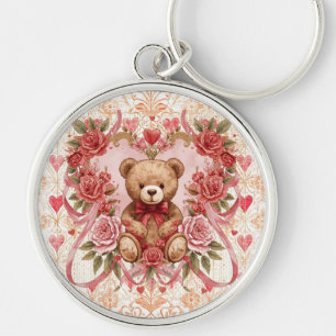 Valentine's ,Teddy Bear,Pink Love Heart and Flower Key Ring