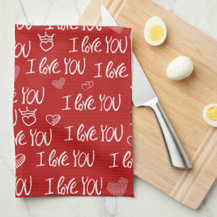 Valentine's theme Red White I love You Pattern Tea Towel