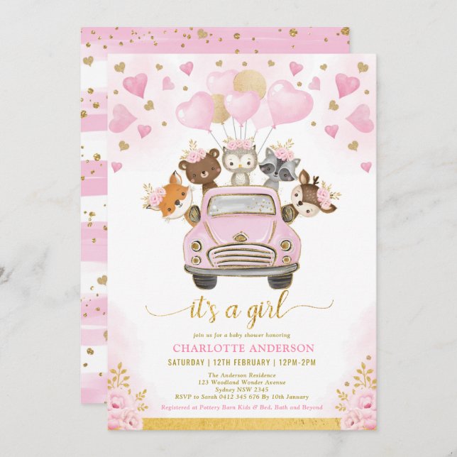 Valentines Woodland Pink Gold Balloons Baby Shower Invitation (Front/Back)