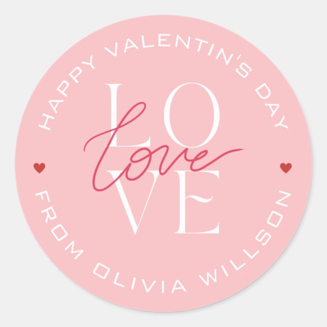 Valentins Day Love Typography Pink White Classic Round Sticker (Front)