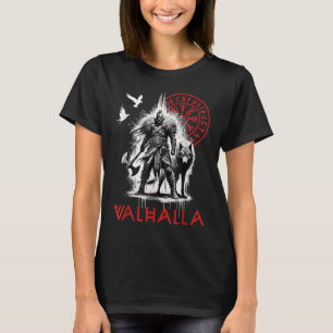 Valhalla Odin Wolf And Raven Viking Runes Norse Co T-Shirt