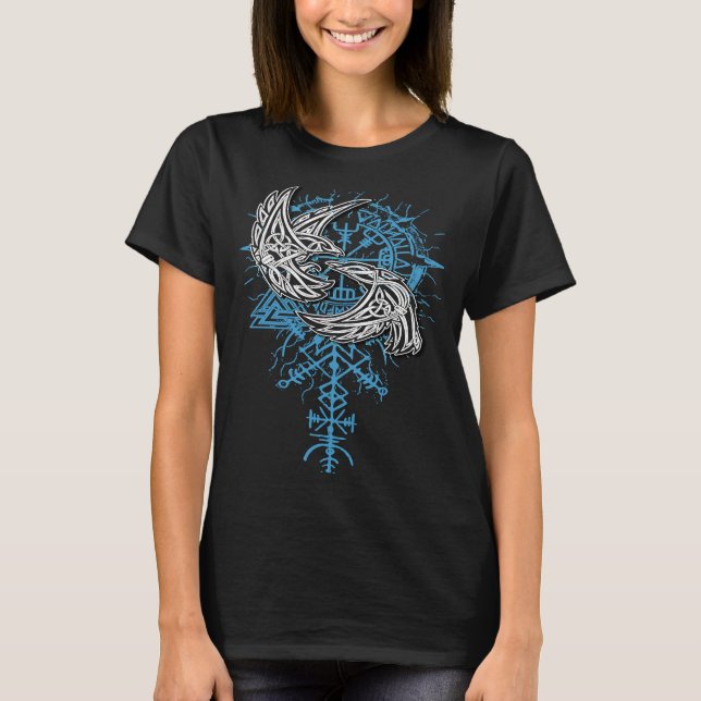 Valhalla Raven Ravens Odin's Runes Norse Compass V T-Shirt (Front)