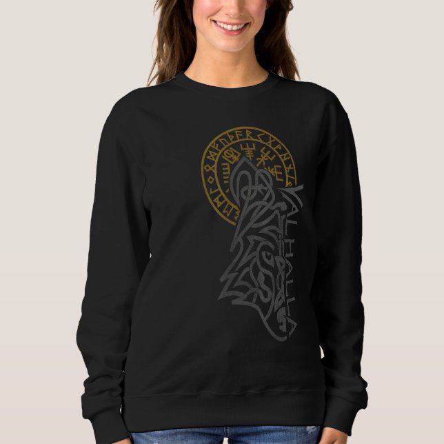 Valhalla Wolf Mask Odin Runes Norse Compass Viking Sweatshirt (Front)