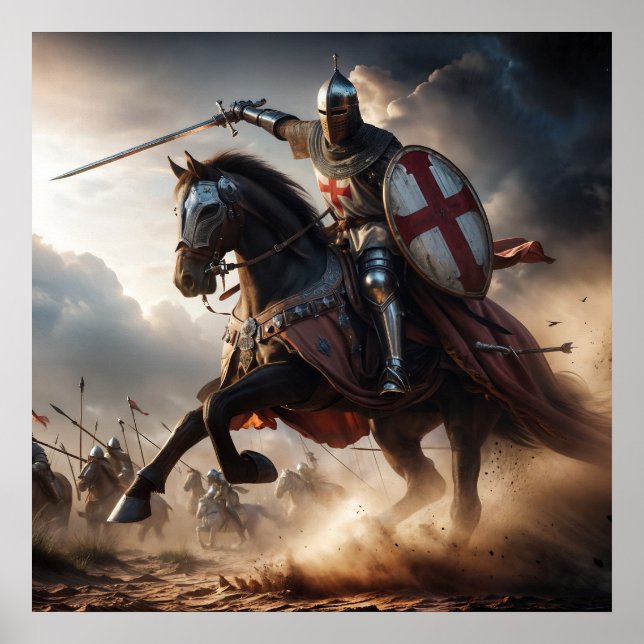 Valiant Red-Toned Realistic Mediaeval Knight Battl Poster (Front)